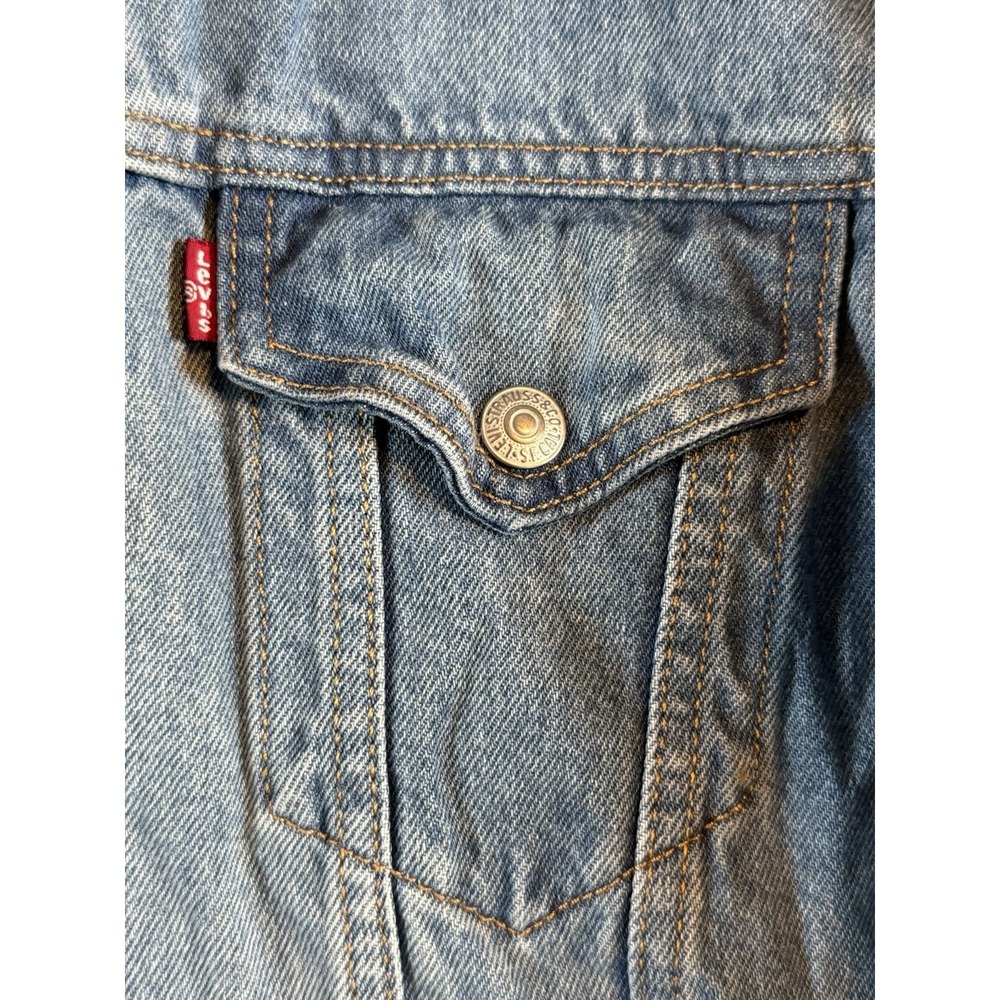 Levis Mens Hybrid Hoodie Trucker Jacket Medium Light Wash Blue Denim Grey Hood - Picture 3 of 11